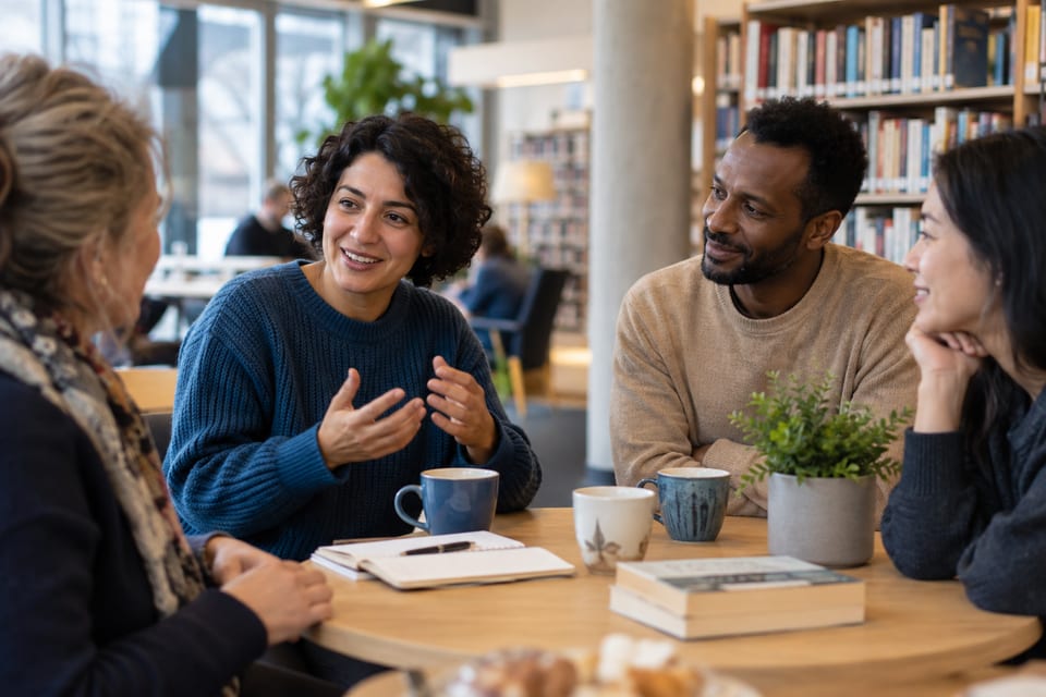 Samtaler, bøker og kaffe – KI-generert illustrasjonsbilde for Språkkafé – Moa bibliotek i Ålesund