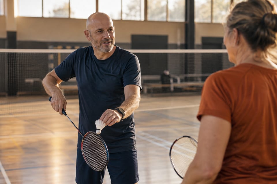 Badmintonracketer og fjærball over en bane – KI-generert illustrasjonsbilde for SK Djerv – badminton for voksne