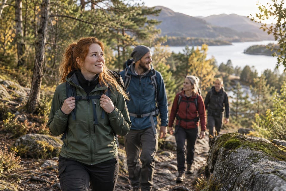 Turgåere på en sti i naturen – KI-generert illustrasjonsbilde for DNT Bergen og Hordaland – fellesturer