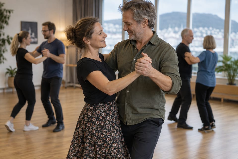 To dansere og musikk – KI-generert illustrasjonsbilde for Kom og Dans – Bergen