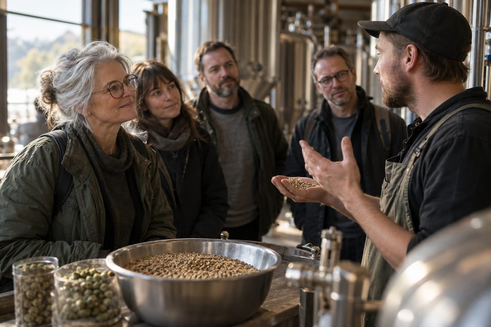 Bryggekar, korn og et sosialt møte – KI-generert illustrasjonsbilde for Bådin Bryggeri – omvisning og events