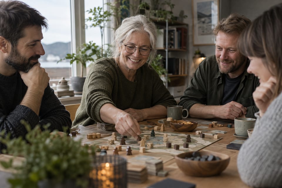 Brettspill, terninger og spillebrikker – KI-generert illustrasjonsbilde for BFFF – Bodøs Forening for Fantastiske Fritidsinteresser