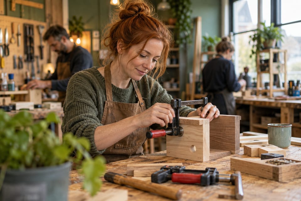 Verktøy og byggeprosjekt på en arbeidsbenk – KI-generert illustrasjonsbilde for Makerspace Bodø – verksted og aktiviteter