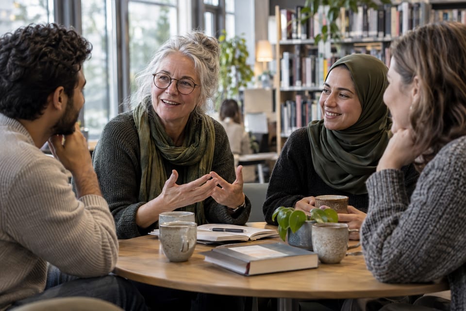 Samtaler, bøker og kaffe – KI-generert illustrasjonsbilde for Språkkafé – Drammensbiblioteket