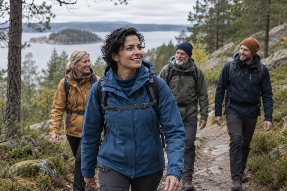 Turgåere på en sti i naturen – KI-generert illustrasjonsbilde for DNT Nedre Glomma – fellesturer