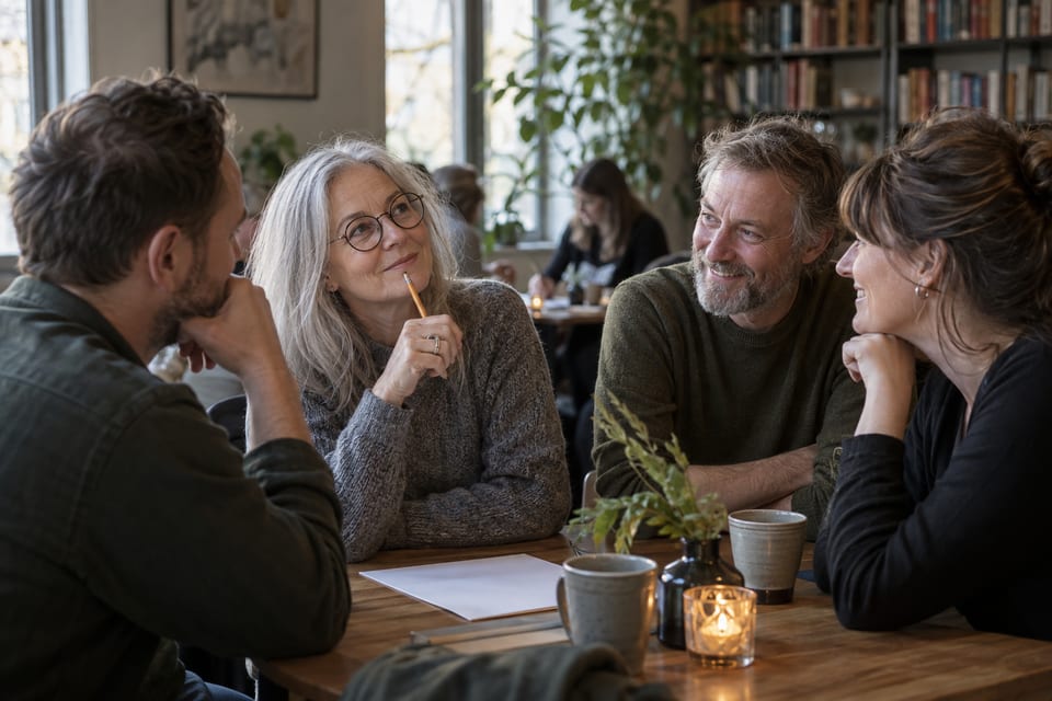 Spørsmål, svarark og et quizlag – KI-generert illustrasjonsbilde for Litteraturhuset Fredrikstad – Quiz
