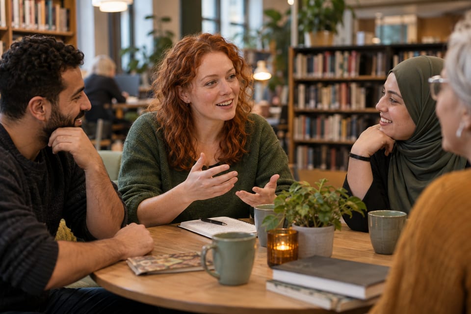 Samtaler, bøker og kaffe – KI-generert illustrasjonsbilde for Snakk norsk med Lillemor – Fredrikstad bibliotek