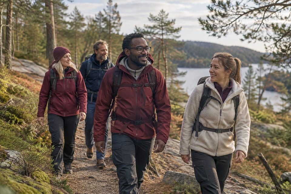 Turgåere på en sti i naturen – KI-generert illustrasjonsbilde for DNT Sør – fellesturer (Kristiansand)