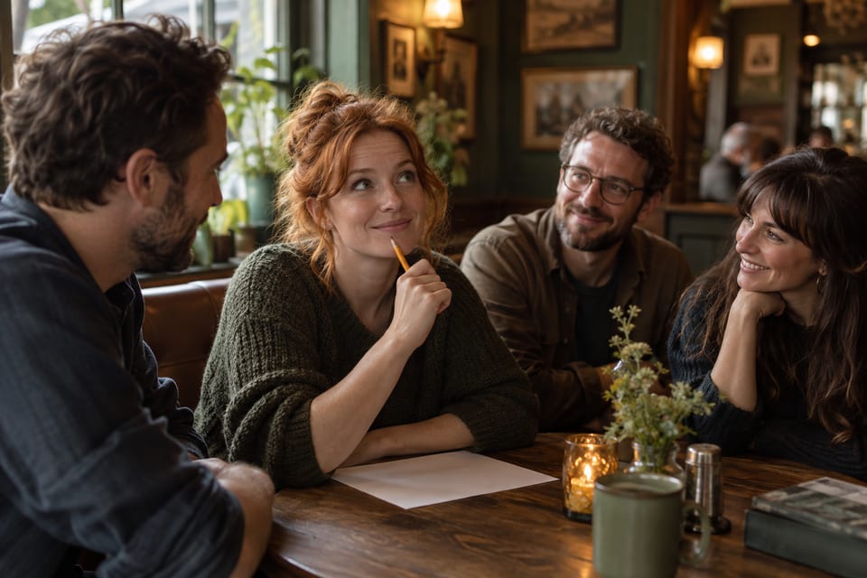 Spørsmål, svarark og et quizlag – KI-generert illustrasjonsbilde for The Old Irish Pub Kristiansand – fredagsquiz
