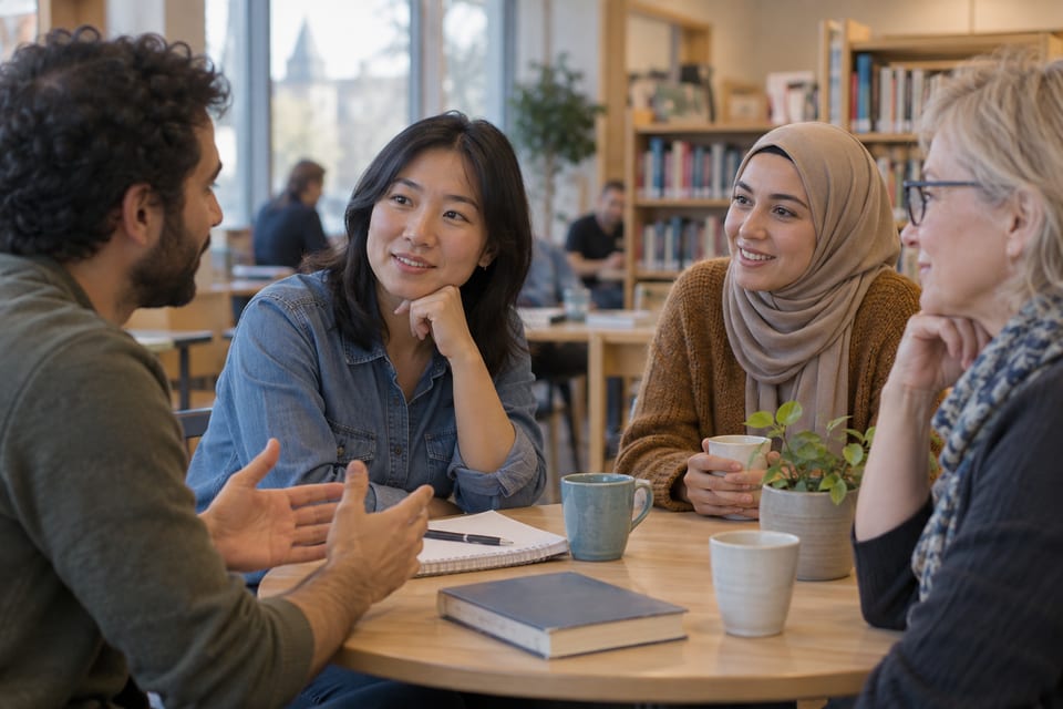 Samtaler, bøker og kaffe – KI-generert illustrasjonsbilde for Språkkafé på Moss bibliotek
