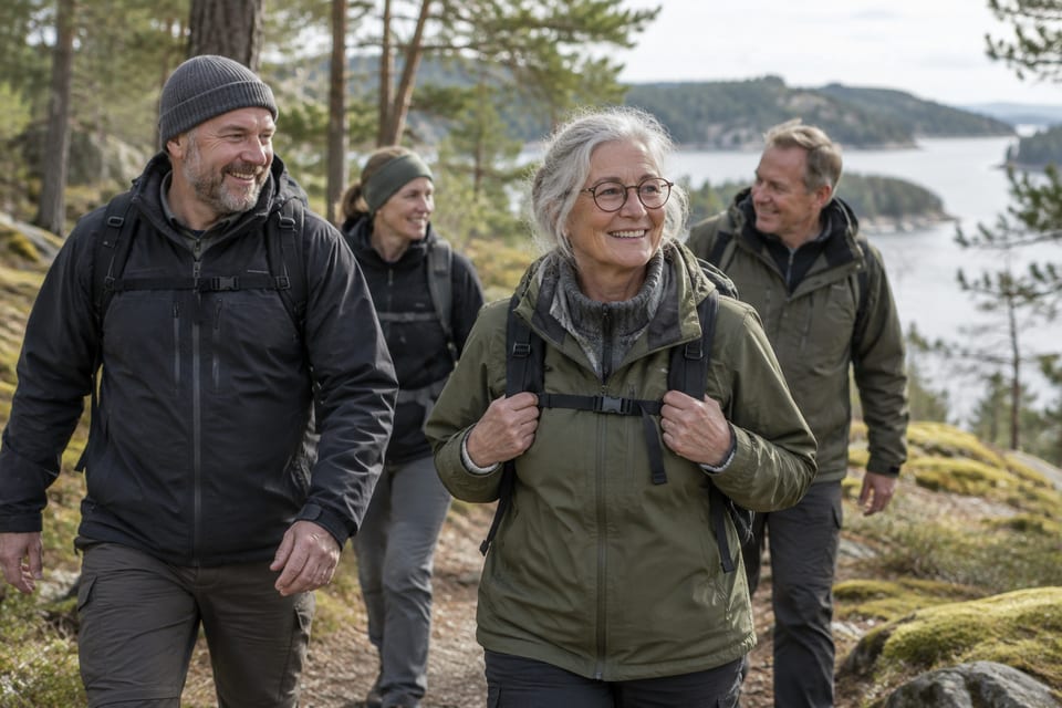 Turgåere på en sti i naturen – KI-generert illustrasjonsbilde for DNT Sandefjord – turer og nærturer