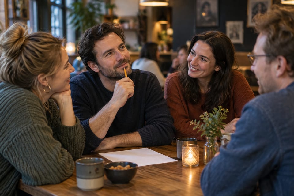 Spørsmål, svarark og et quizlag – KI-generert illustrasjonsbilde for FolkenQuiz