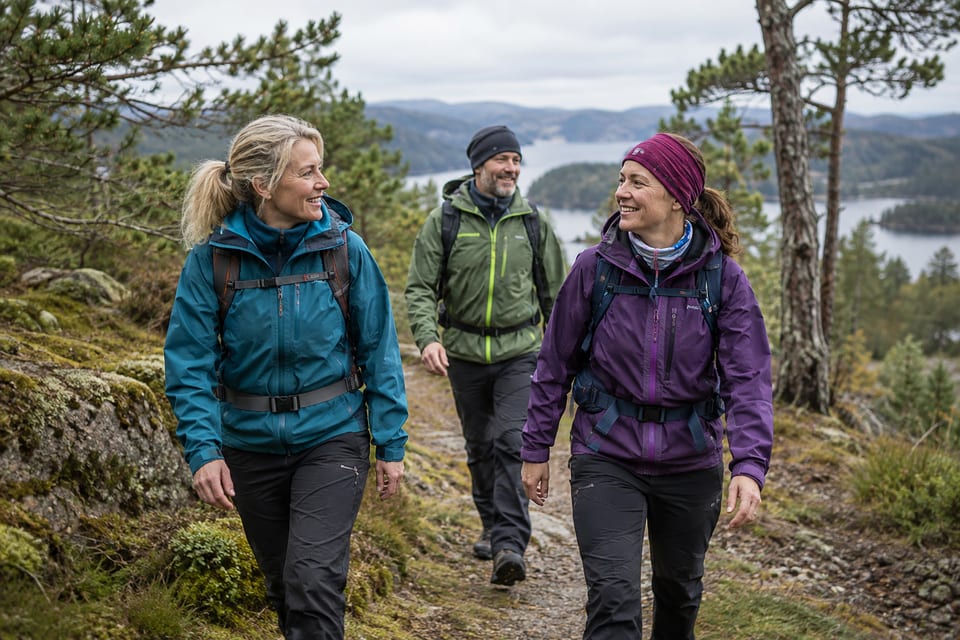 Turgåere på en sti i naturen – KI-generert illustrasjonsbilde for DNT Stavanger og omegn – turer og turgrupper