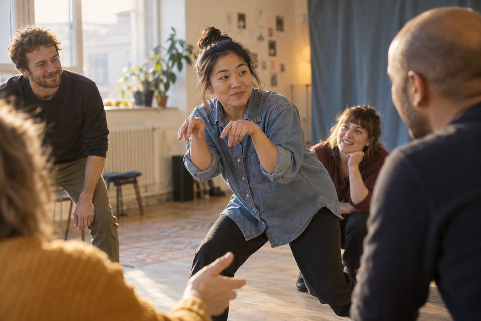 Improvisasjon på en liten scene – KI-generert illustrasjonsbilde for Impro Tromsø – improaktiviteter og forestillinger