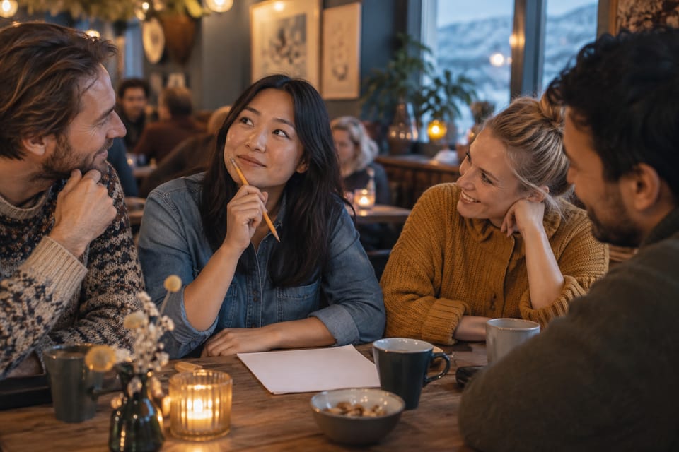 Spørsmål, svarark og et quizlag – KI-generert illustrasjonsbilde for Prelaten – pubquiz i Tromsø
