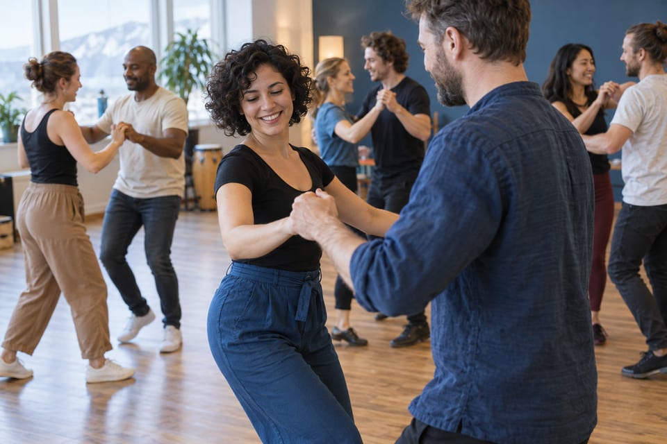 To dansere og musikk – KI-generert illustrasjonsbilde for Casino Royale Tromsø – salsa og rueda