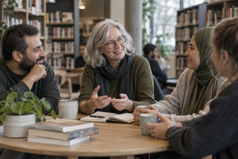 Samtaler, bøker og kaffe – KI-generert illustrasjonsbilde for Språkkafé – Tromsø bibliotek