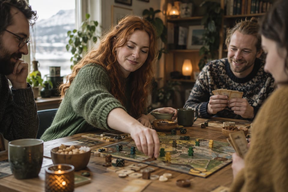 Brettspill, terninger og spillebrikker – KI-generert illustrasjonsbilde for Imladris – brettspill og rollespill i Tromsø