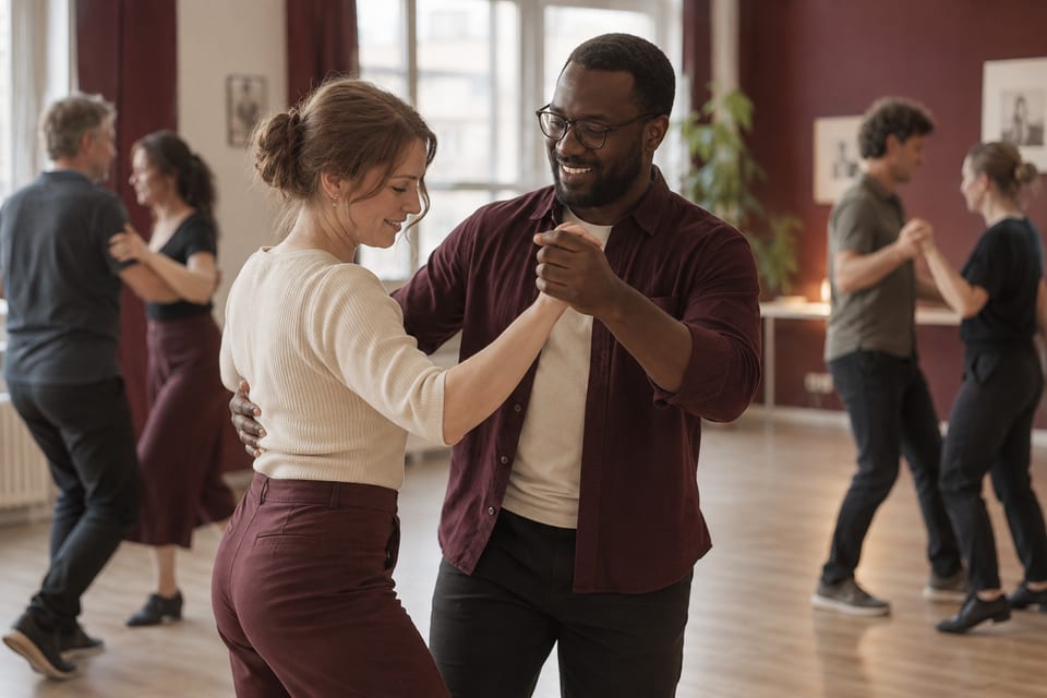 To dansere i swing – KI-generert illustrasjonsbilde for Tromsø Swingklubb – kurs & sosialdans