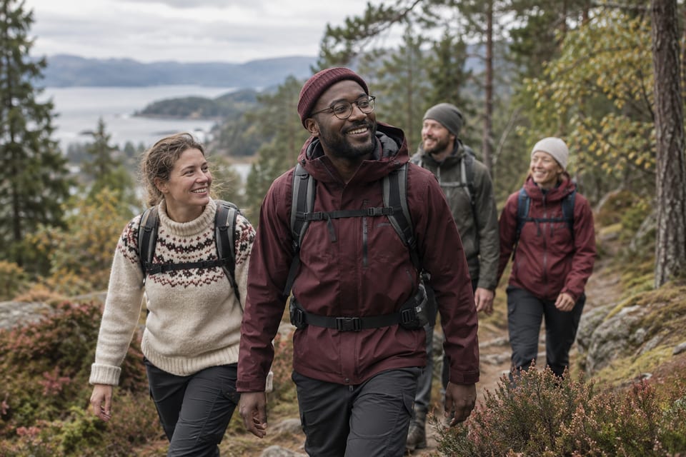 Turgåere på en sti i naturen – KI-generert illustrasjonsbilde for DNT Trondhjems Turistforening – fellesturer